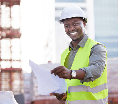 Portrait of black man engineer, floor plan and construction site in city, planning with safety and paper for inspection. Smile, architect or project manager at building, engineering and blueprint.