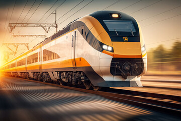 Fototapeta premium touch of artistic motion blur, a high-speed train effortlessly zooms past the railway station during the golden hour of sunset. The modern intercity train commercial transportation. Generative AI.