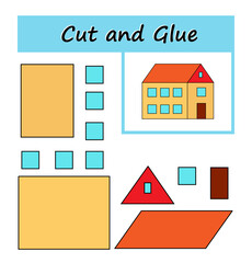 Educational paper game for preschoolers. Cut parts of the image and glue on the paper. Vector illustration of house.