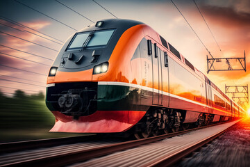 touch of artistic motion blur, a high-speed train effortlessly zooms past the railway station during the golden hour of sunset. The modern intercity train commercial transportation. Generative AI.