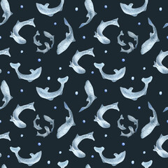 Fish silhouettes salmon, trout watercolor seamless pattern isolated on black background. Swimming wild blue fish hand drawn. Design element for package, label, textile, wrapping, background, print