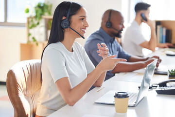 Obraz premium Customer service, contact us or support with consultant people at work in an office for assistance. Call center, crm or communication with a female consulting via headset technology for telemarketing