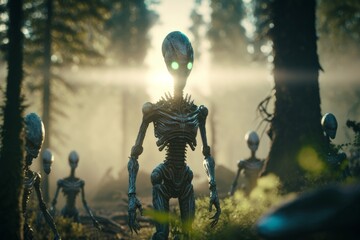 aliens figure in the forest, light of an UFO in the backfground, Generative ai