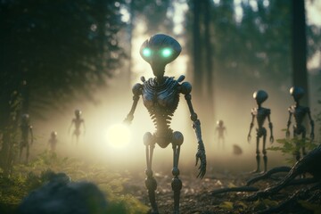 aliens figure in the forest, light of an UFO in the backfground, Generative ai