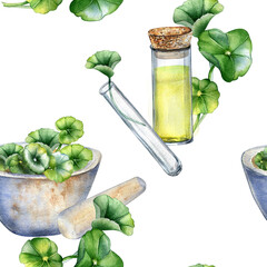 Centella asiatica, essential oils, stone bowl watercolor seamless pattern isolated on white. Mortar, glass flask, test tube, gotu kola hand drawn. Design for package, label, wrapping, background