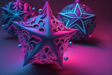 blue pink neon star shape with realistic christmas ornaments, Generative ai