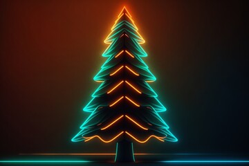 Christmas neon background with fir tree, Generative ai