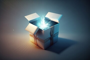 Open gift box with ray of light effect on blue background, Generative ai