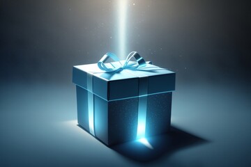 Open gift box with ray of light effect on blue background, Generative ai