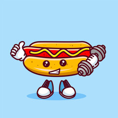 Vector illustration of kawaii hot dog cartoon character with barbell. Vector eps 10