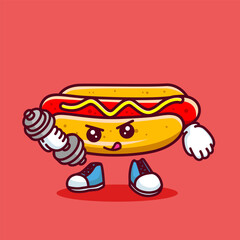 Vector illustration of kawaii hot dog cartoon character with barbell. Vector eps 10