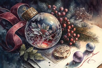 Christmas in watercolor style art, Generative ai