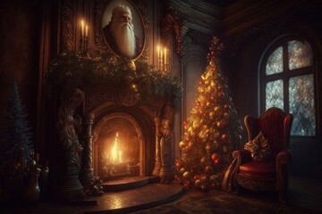 Christmas tree with toys and gifts on the background of a fireplace with fire. Magical room with the throne of Santa Claus, Generative ai