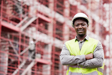 Portrait of proud black man engineer, construction site and mockup with scaffolding in city,...