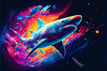 Vibrant color shark illustration. Generative ai.