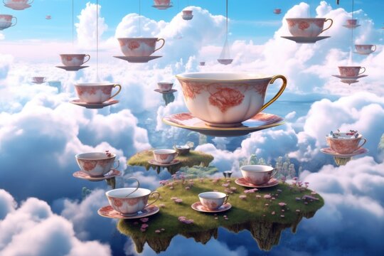 A whimsical tea party in the clouds, with gravity - defying floating teacups and saucers amidst a dreamy sky. Generative AI