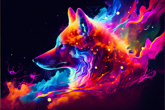 Vibrant color wolf illustration. Generative ai.