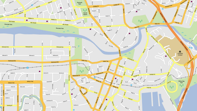 Fictitious generic street map. Urban and residential area with parks, waterways, railway, motorway or freeway, road names and places of interest.