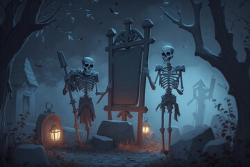 skeletons With Wooden sign Board In the Graveyard At Night With Pumpkins, bats in the fog, Generative ai