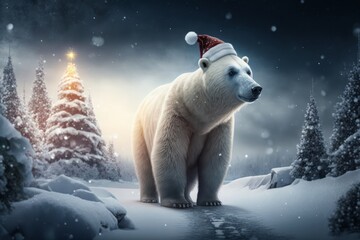 Christmas polar bear in the winter landscape. Polar bear santa. Magical christmas scenery, Generative ai