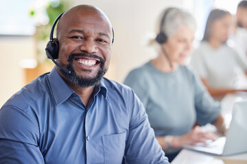 Black man, call center and smile portrait for customer service, support and telemarketing. Face of...