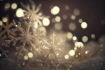 Christmas background with glitter snowflakes, bokeh and magic lihgt, Generative ai