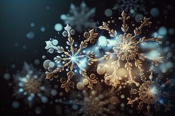 Christmas background with glitter snowflakes, bokeh and magic lihgt, Generative ai
