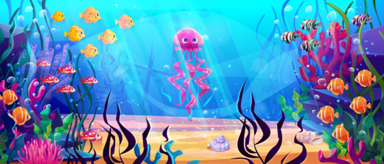 Funny jellyfish swimming in water surrounded by exotic fish, colorful corals, green seaweeds. Vector illustration of underwater life on ocean floor, decorative aquarium inhabitants, marine life