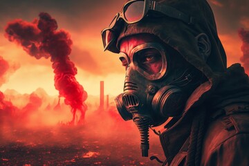 a man in a gas mask, in a dangerous radioactive zone, power-plant shrouded in smoke, Generative ai