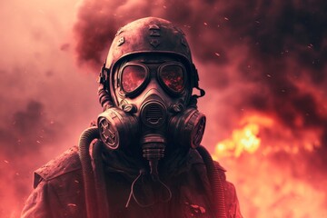 a man in a gas mask, in a dangerous radioactive zone, power-plant shrouded in smoke, Generative ai