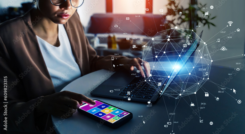 Poster Black woman working in office and communication network concept. ICT (Information Communication Technology). Cloud computing. System engineering.