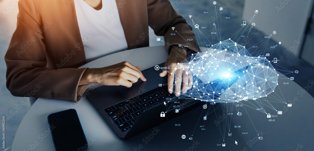 Poster Black woman working in office and cloud computing concept. ICT (Information Communication Technology). Communication network. System engineering.