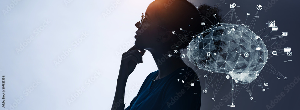 Poster profile silhouette of thinking black woman and ai (artificial intelligence) concept. deep learning. 