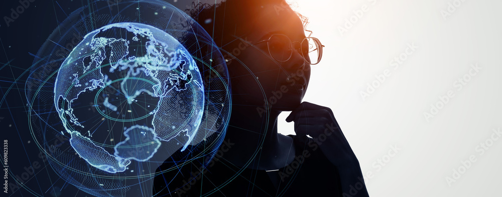 Poster profile silhouette of thinking black woman and global communication network concept. deep learning. 