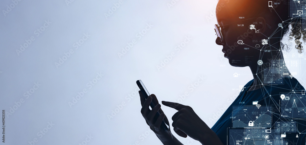 Poster profile silhouette of black woman using smart phone and communication network concept. telecommunica