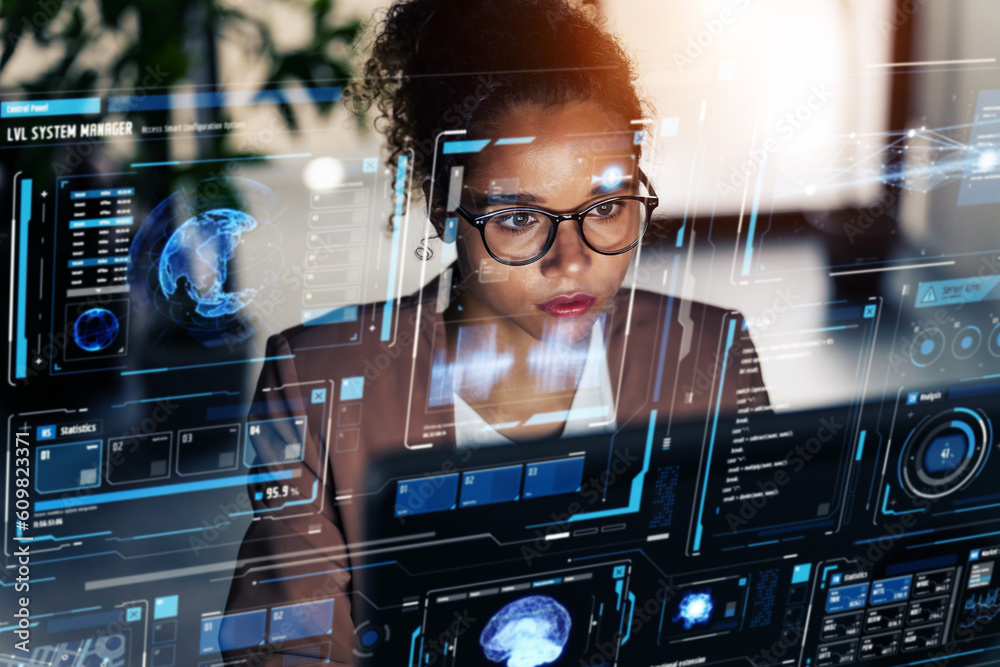 Poster Black woman working in office and futuristic graphical user interface concept. ICT (Information Communication Technology). System engineering.