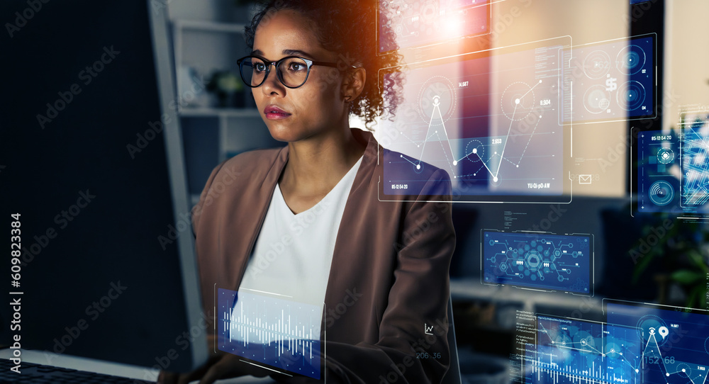 Poster Black woman working in office and futuristic graphical user interface concept. ICT (Information Communication Technology). System engineering.