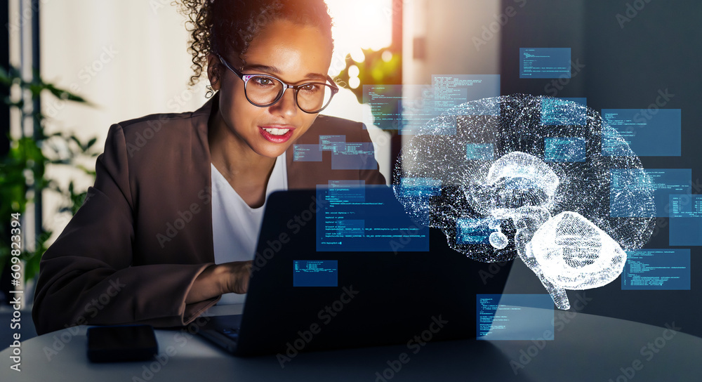 Poster Black woman working in office and conversation AI concept. Deep learning. IoT (Internet of Things). ICT (Information Communication Technology).
