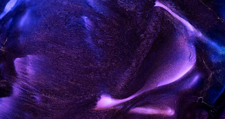Dark purple paint splash abstract background. Dark violet blue wave flow. Black lilac art ink. Shiny purple liquid. Acrylic texture. Glitter fluid pattern. Sparkling backdrop