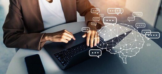 Profile silhouette of black woman working in office and conversation AI concept. Deep learning. IoT (Internet of Things). ICT (Information Communication Technology).