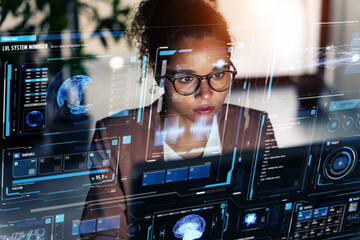 Black woman working in office and futuristic graphical user interface concept. ICT (Information Communication Technology). System engineering. - Powered by Adobe