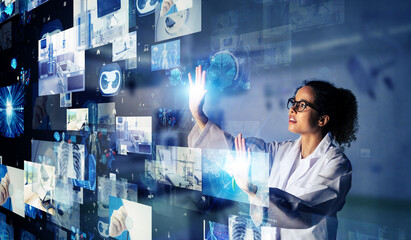 Mixed media of black woman wearing lab coat and visual screens concept. Medical technology. Science...