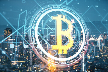 Double exposure of creative Bitcoin symbol hologram on San Francisco office buildings background. Mining and blockchain concept