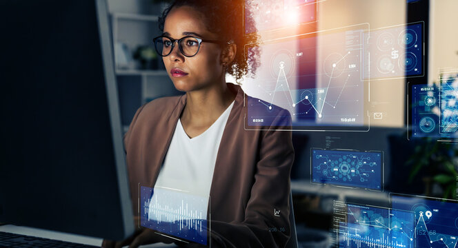 Black woman working in office and futuristic graphical user interface concept. ICT (Information Communication Technology). System engineering.