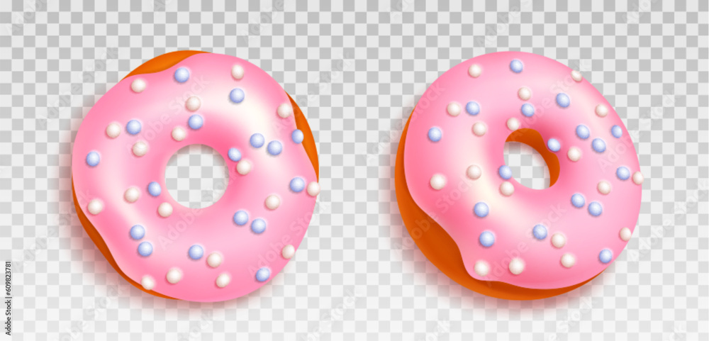 Wall mural 3d realistic pink donut isolated vector sweet icon illustration isolated on transparent background. 