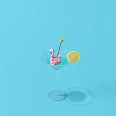 Summer drinks, decoration with flamingo float, lemon slice and palm tree plastic. blue background. 3d rendering