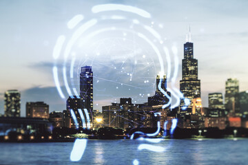 Abstract virtual artificial Intelligence interface with human head hologram on Chicago skyline background. Multiexposure