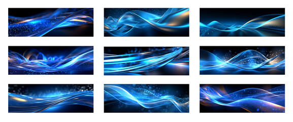 Abstract BlueWave Technology mobile, web banners set. Global cyber network curves concept, blue lines connectivity design for wireless WIFI connection technology or twitter news. Generative AI