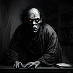 Fototapeta na wymiar Creepy zombie sitting on the table and reading a book, Halloween theme, Generative AI