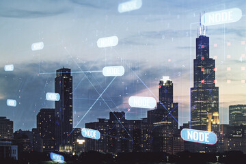 Fototapeta na wymiar Double exposure of abstract programming language interface on Chicago city skyscrapers background, research and development concept